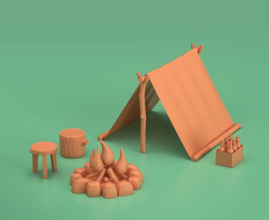 Çadırlı kamp alanı. Isometric kamp nesneleri ve sahneleri, yeşil arka planda monokrom sarı kamp ekipmanları, 3 boyutlu görüntüleme, avlanma ve kamp.