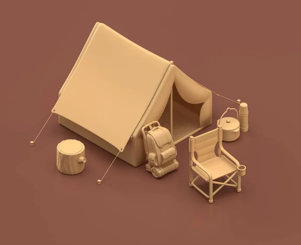 Tent Klapstoel Camping Isometrische Kampeerobjecten Scènes Monochrome Gele Kampeeruitrusting Bruine — Stockfoto