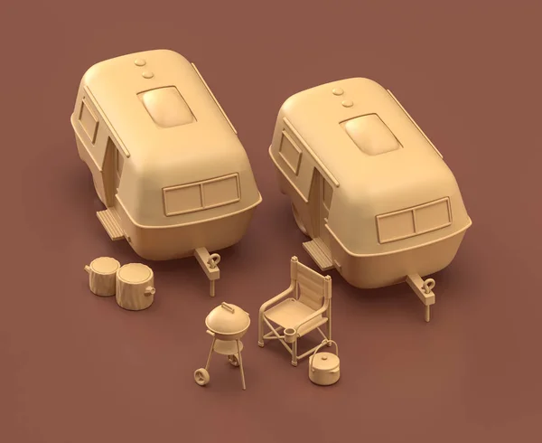 Camper Caravans.Isometric camping objects and scenes, monochrome yellow camping equipment on brown background, 3D Rendering, hunting and camping