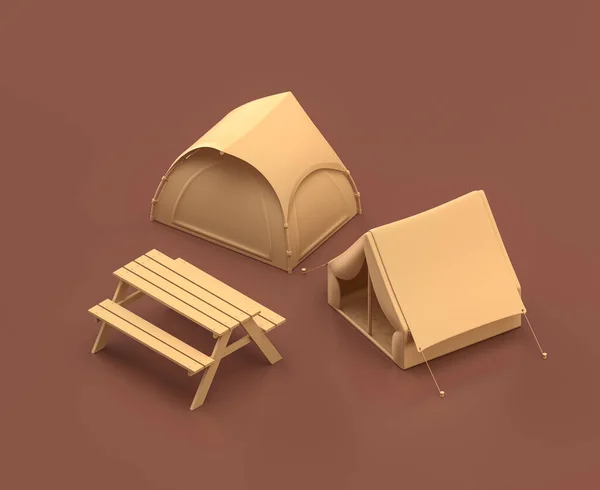 帐篷露营区 等向露营物体和场景 棕色背景的单色黄色露营设备 3D渲染 打猎和露营 — 图库照片