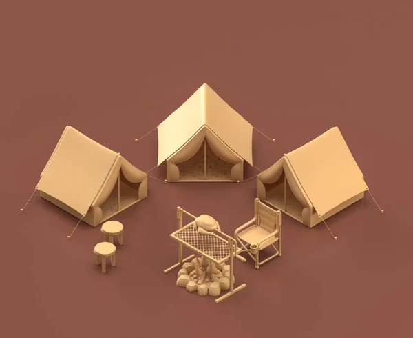 Camping Met Tenten Isometrische Kampeerobjecten Scènes Monochroom Geel Kampeermateriaal Bruine — Stockfoto