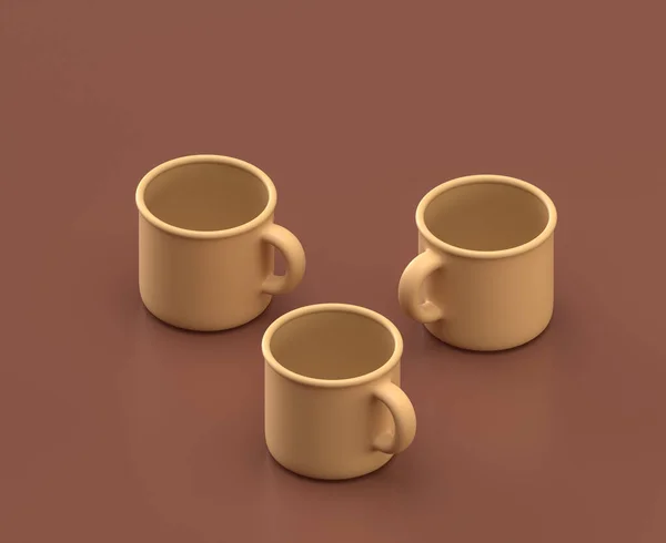 褐色背景上的三个茶杯 单色单色单色 3D渲染 — 图库照片