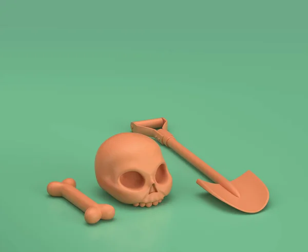Human Skeleton Shovel Ground Green Background Single Flat Color Outdoor — Stock Photo, Image
