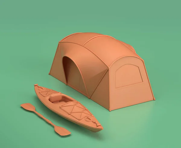 单色帐篷和绿色背景的独木舟 3D渲染 黄色野营物品 — 图库照片