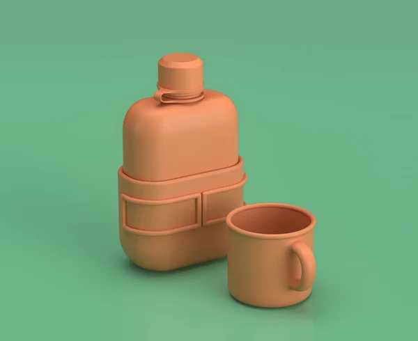 一个水壶和一个水杯在绿色的背景上 单色单一的平面颜色 3D渲染 — 图库照片