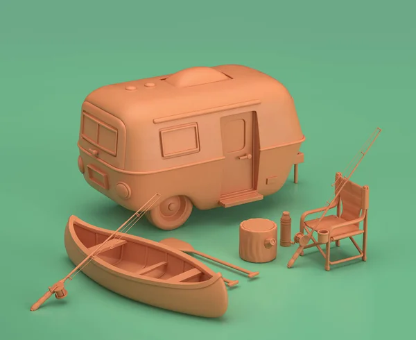 Caravan and canoe for fishing. Isometric camping objects and scenes, monochrome yellow camping equipment on green background, 3D Rendering, hunting and camping