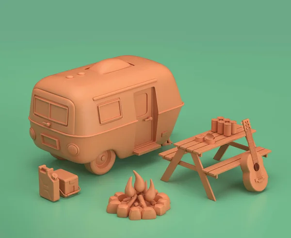 Caravan and picnic table. Isometric camping objects and scenes, monochrome yellow camping equipment on green background, 3D Rendering, hunting and camping