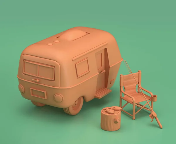 Chaise Pliante Canne Pêche Devant Une Caravane Objets Scènes Camping — Photo