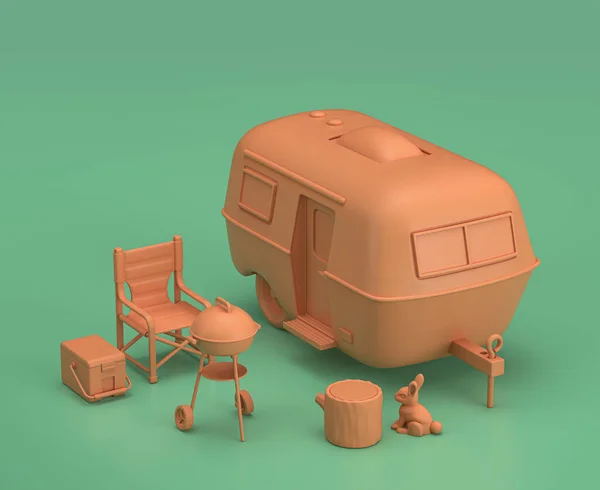 Caravan and barbecue. Isometric camping objects and scenes, monochrome yellow camping equipment on green background, 3D Rendering, hunting and camping