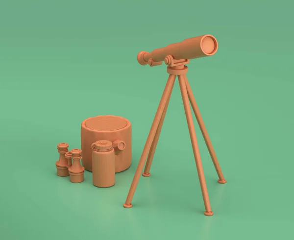 Teleskop Für Die Außenbeobachtung Isometrische Campingobjekte Und Szenen Monochrom Gelbe — Stockfoto