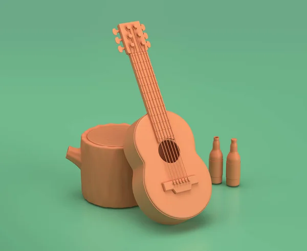 A Guitar in the outside camp. Isometric camping objects and scenes, monochrome yellow camping equipment on green background, 3D Rendering, hunting and camping