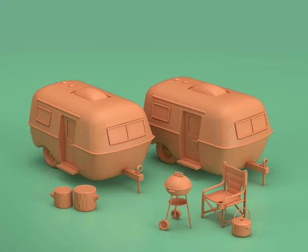 Camper Caravans Ισομετρική Αντικείμενα Κάμπινγκ Και Σκηνές Μονόχρωμο Κίτρινο Εξοπλισμό — Φωτογραφία Αρχείου