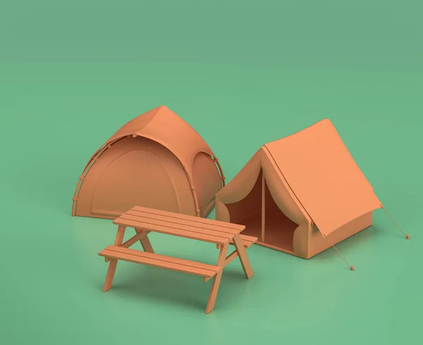 Camping area with tents.Isometric camping objects and scenes, monochrome yellow camping equipment on green background, 3D Rendering, hunting and camping