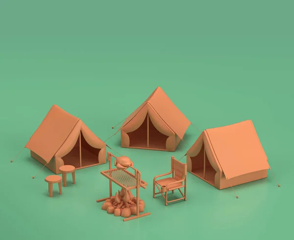 Camping Område Med Tält Isometriska Campingföremål Och Scener Monokrom Gul — Stockfoto