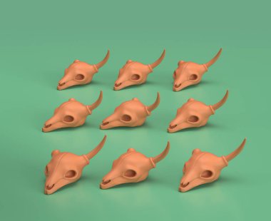 Yerde bir geyik kafatası var. yeşil arka planda tek renkli sarı kamp ekipmanları, 3 boyutlu oluşturma, avlanma ve kamp