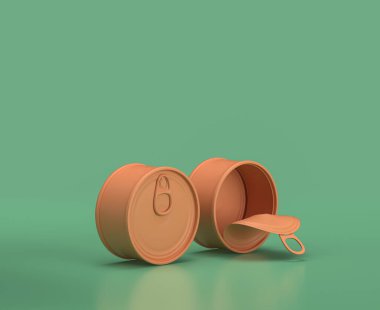 Isometric ton balığı konservesi, kamp nesneleri ve sahneleri, yeşil arka planda monokrom sarı kamp ekipmanları, 3D görüntüleme, avlanma ve kamp yapma