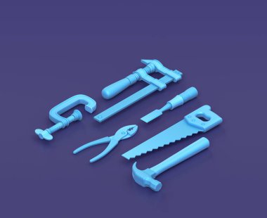 Çekiçli, testere, mavi arka planda kıskaçlar, tek renk atölyesi ve DIY aracı, 3D görüntüleme