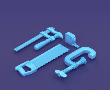 Mavi arkaplan üzerinde Isometric küçük klemp, el testeresi ve tablo ölçüsü, tek renk atölyesi ve DIY aracı, 3d oluşturma