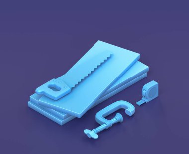 Mavi arkaplanda sert bloklar, tek renk atölyesi ve DIY aracı ile Isometric küçük klemp, el testeresi ve tablo ölçüsü, 3d oluşturma