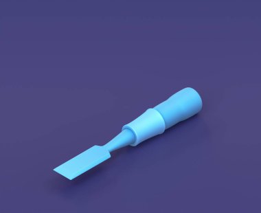 Mavi arkaplanda Isometric ahşap keski, tek renk atölyesi ve DIY aracı, 3d oluşturma
