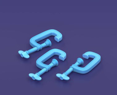 Mavi arkaplanda Isometric küçük klemp, tek renk atölyesi ve DIY aracı, 3d oluşturma