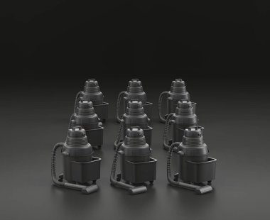 Koyu gri elektrikli süpürge, siyah arka planda temizlik süpürgesi, tek renk atölyesi ve DIY aracı, 3D görüntüleme