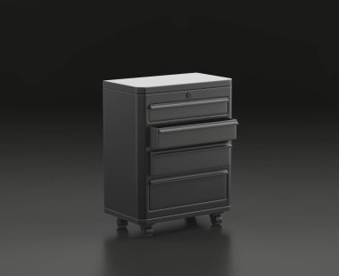 Siyah arkaplanda koyu gri çekmece, tek renk atölyesi ve DIY aracı, 3D oluşturma