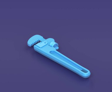 Mavi arkaplanda Isometric boru anahtarı, tek renk atölyesi ve DIY aracı, 3d oluşturma