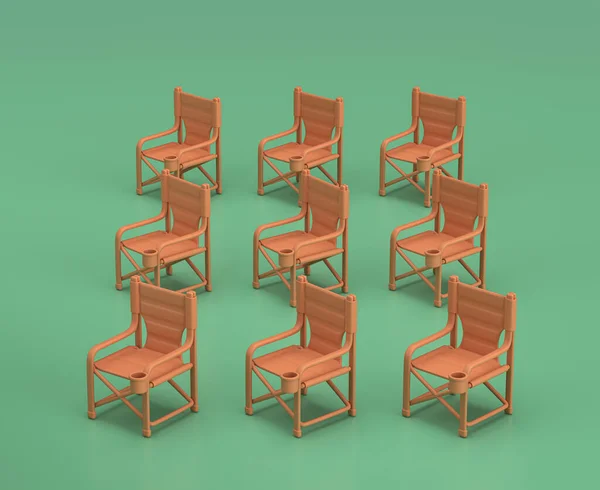 Isometric Katlanır Sandalye Kamp Nesneleri Sahneler Yeşil Arka Planda Monokrom — Stok fotoğraf