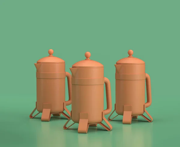 Isometric French Press Kamp Eşyaları Sahneleri Yeşil Arka Planda Monokrom — Stok fotoğraf