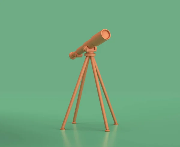 Isometric telescope, camping objects and scenes, monochrome yellow camping equipment on green background, 3D Rendering, hunting and camping