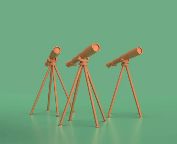 Isometric telescope, camping objects and scenes, monochrome yellow camping equipment on green background, 3D Rendering, hunting and camping