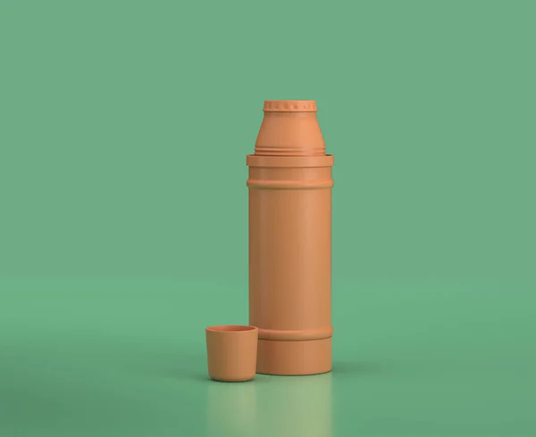 緑の背景にプラスチックのような単色魔法瓶 単色フラットカラー 3Dレンダリング — ストック写真
