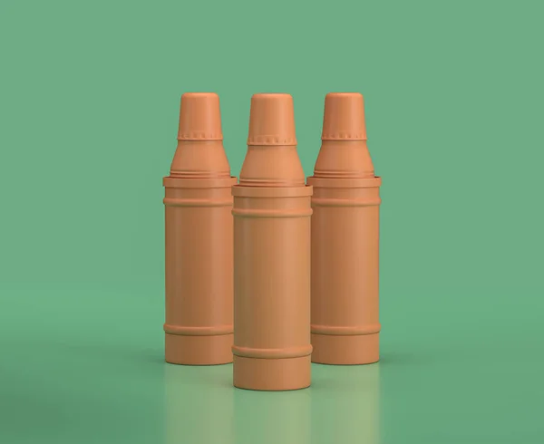 三个热水瓶并排在绿色背景上 单色单色单色 3D渲染 — 图库照片