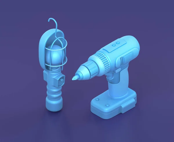 Isometric shop light and charged wireless power drill on blue background, single color workshop and DIY tool, 3d rendering