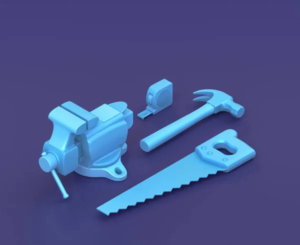 Isometric hammer, table measure, hand saw and a vice on blue background, single color workshop and DIY tool, 3d rendering