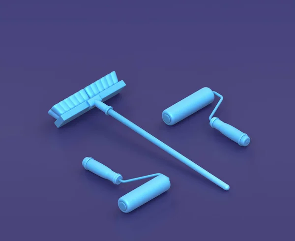 파란색 배경에 페인트 롤러와 Isometric Broom 워크숍 Diy 렌더링 — 스톡 사진