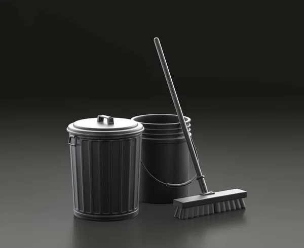 Dark gray trash can, cleaning bucket and a broom on black background, single color workshop and DIY tool, 3d rendering