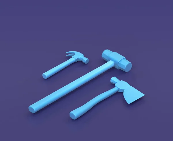 Isometrischer Hammer Vorschlaghammer Und Schraffur Auf Blauem Hintergrund Einfarbige Werkstatt — Stockfoto