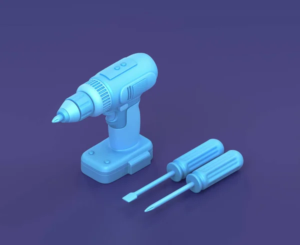 Isometric Power Drill Screw Drivers Blue Background Single Color Workshop — Stock Photo, Image