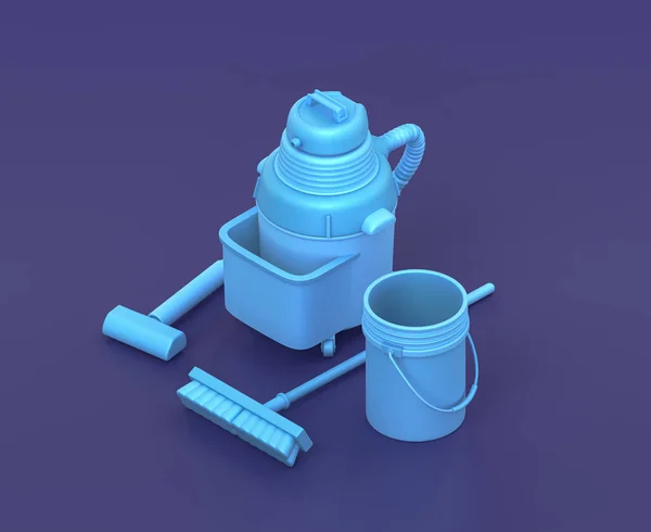 具有蓝底扫帚 单色工作坊和Diy工具的等距悬臂和一个桶 3D渲染 — 图库照片