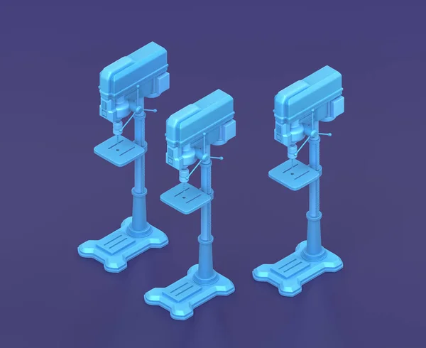 青の背景にアイソメトリックドリルプレス 単色ワークショップとDiyツール 3Dレンダリング — ストック写真