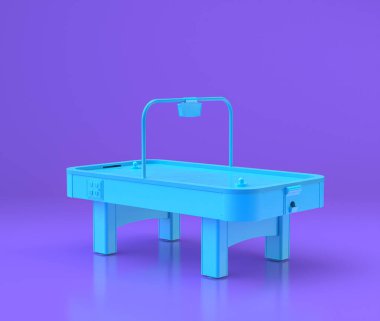 Mavi hava hokeyi masası, eğlence merkezi objeleri mor düz odada, 3D görüntüleme, çocukluk anıları..
