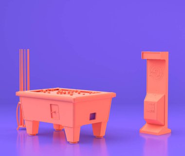 Oyun dolabı, antika oyun makinesi, düz mor odada dolap, oyun, retro oyun, eski moda, 3D canlandırma, eğlence merkezi.