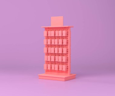 Erkekler için giysi rafı, mağaza rafı, elbise askısı ve mor ve pembe bir daire, tek renk arka plan, 3D işleme, alışveriş mağazası