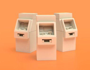 Sarı arkaplan, düz renk, tek renk, 3D görüntüleme, kamu bankacılığı makinesi yan yana üç beyaz plastik Otomatik Teller veya ATM makinesi