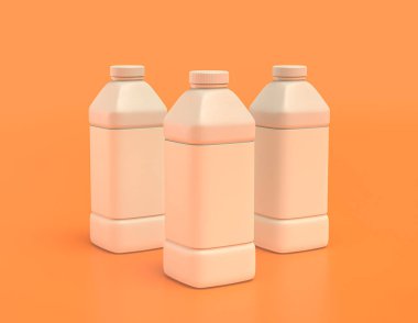 Birden fazla beyaz, tek renk plastik süt veya meyve suyu kapları sarı turuncu arka planda, düz renkler, 3 boyutlu renkler, sağlıklı içecek