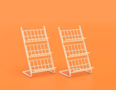 Sarı turuncu arka planda monokrom tel dergi rafı, düz renkler, tek renk, 3D yorumlama, gazete rafı