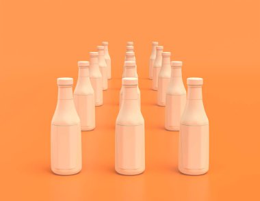 Sarı arkaplanda çok sayıda beyaz ketçap şişeleri, düz renkler, tek renk, üç boyutlu renkler, fast food.