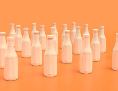 Sarı arkaplanda çok sayıda beyaz ketçap şişeleri, düz renkler, tek renk, üç boyutlu renkler, fast food.